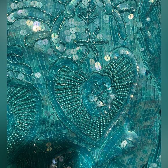 Vtg Turquoise Seguin Floral Applique Sheer Panel Blouse And Skirt Coord Set L - Picture 5 of 9